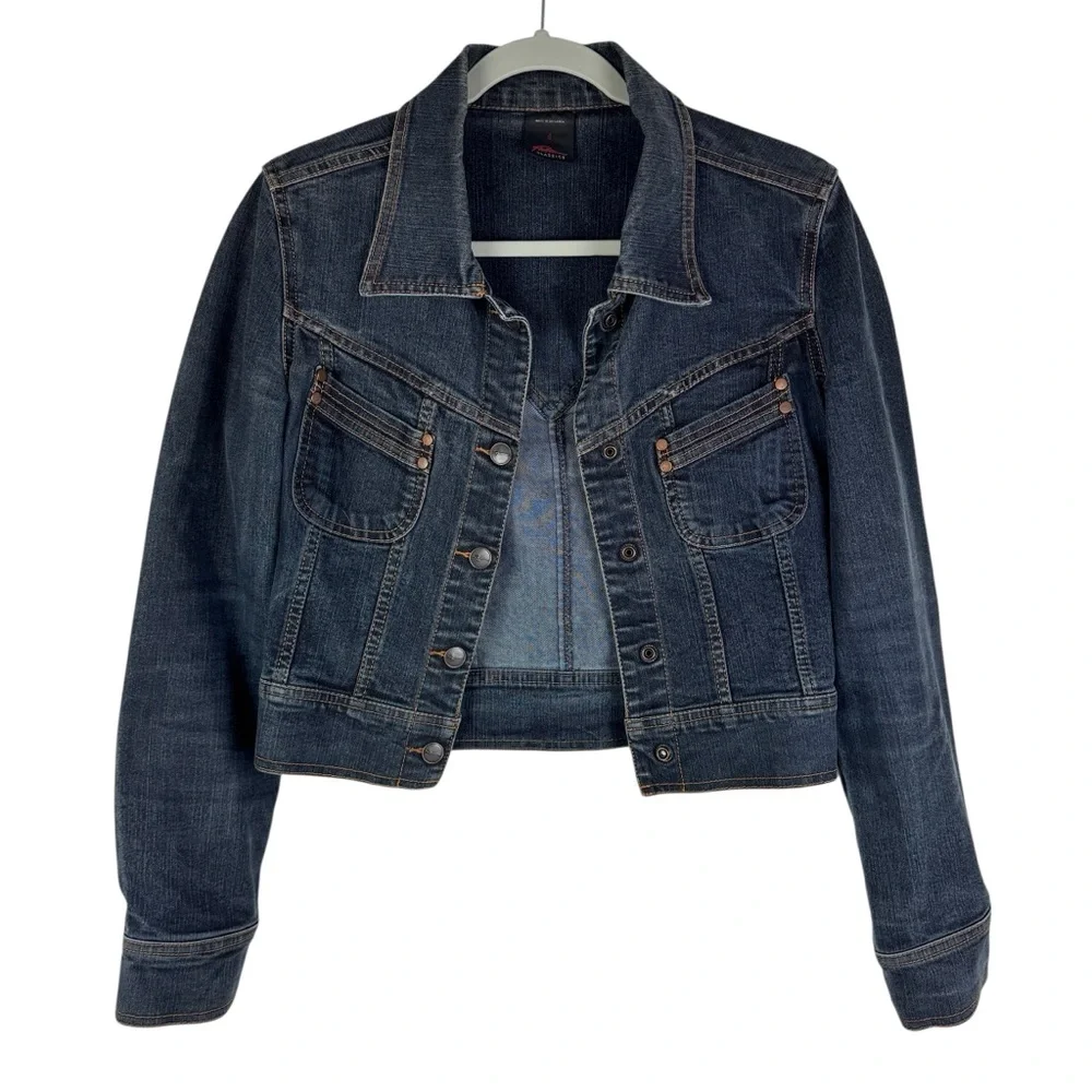 FUBU Blue Denim Snap Front 2 Chest Pockets Cropped Jean Jacket Women's Small‎